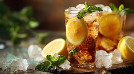 Intricately detailed portrayal of a refreshing iced tea with mint, lemon slices, and shimmering ice that evokes the spirit of a vibrant summer refreshment