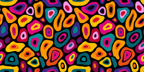 Fototapeta premium Vibrant seamless pattern featuring colorful abstract shapes on dark background