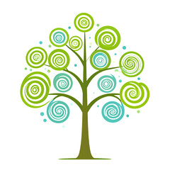 Stylized, abstract tree design clipart with swirling circles and dots isolated on transparent background.
