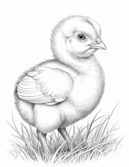 Cute chick portrait. Farm coloring page for adults. Grayscale sketch illustration.