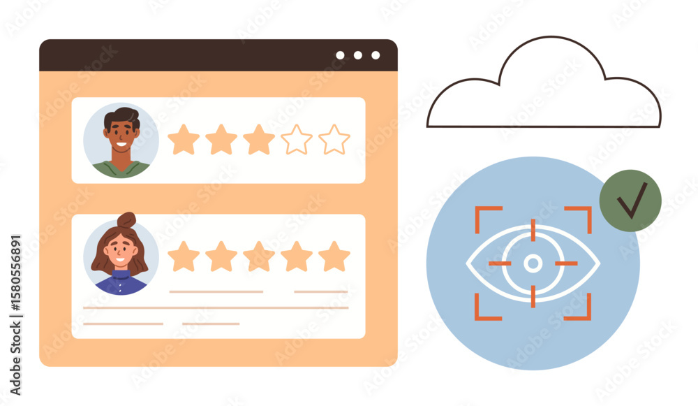 Poster web page showcasing user reviews and ratings alongside an eye-tracking icon with a cloud symbol. ide