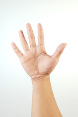 An open human hand with all five fingers extended, photographed against a white background. This...
