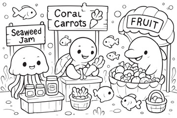 Cute Ocean Animals Underwater Scene Coloring Pages And Vector .