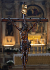 Wooden crucifix of Jesus in Catholic church
