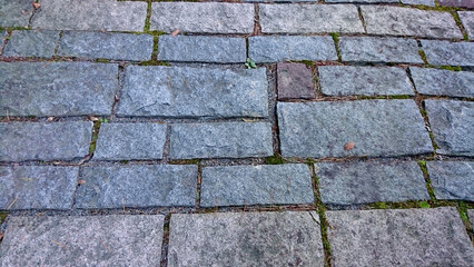 ヨーロッパを思わせる長方形の石のブロックが均等に敷き詰められた石畳の小路のクロースアップ