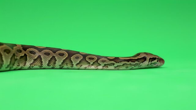 Brown patterned snake head and body on bright green studio background with copy space