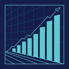 Cyan bar chart with upward trend line on dark blue grid background