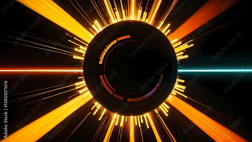 Poster a glowing sphere surrounded by radiating lines and a circular design on a black background scene vie