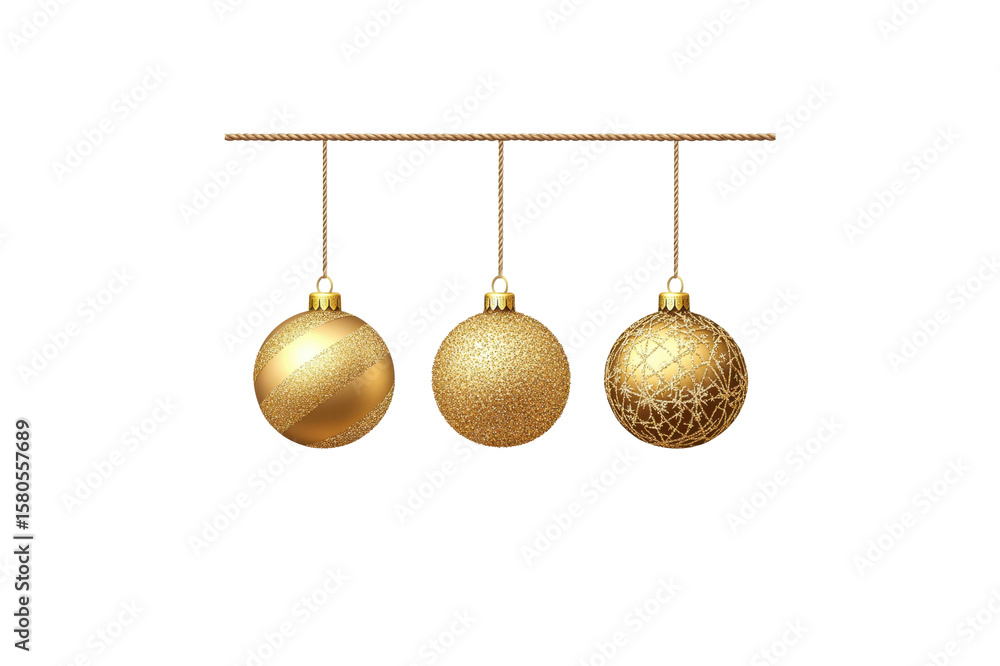 Poster three golden christmas ornaments each with a different design hanging from a string against a transp