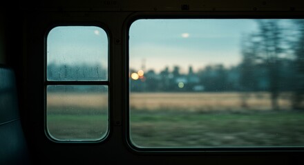 View from Inside a Moving Train with Blurred Rural Landscape at  Dusk
