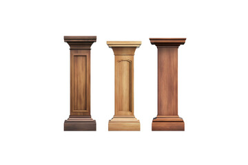 Three distinct wooden pillars showcasing diverse wood finishes and designs against a stark black backdrop transparent background