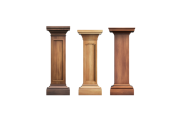 Three distinct wooden pillars showcasing diverse wood finishes and designs against a stark black backdrop transparent background