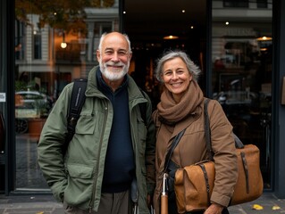 Happy senior couple walking with bags on city street