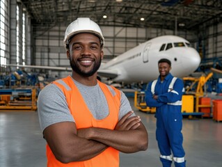 Happy African American man in hard hat and safety vest at hangar