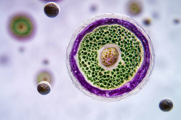 Cross section of plant cell showing detailed internal structure with visible nucleus, cytoplasm, and cell wall, highlighting organelles and cellular organization in microscopic view
