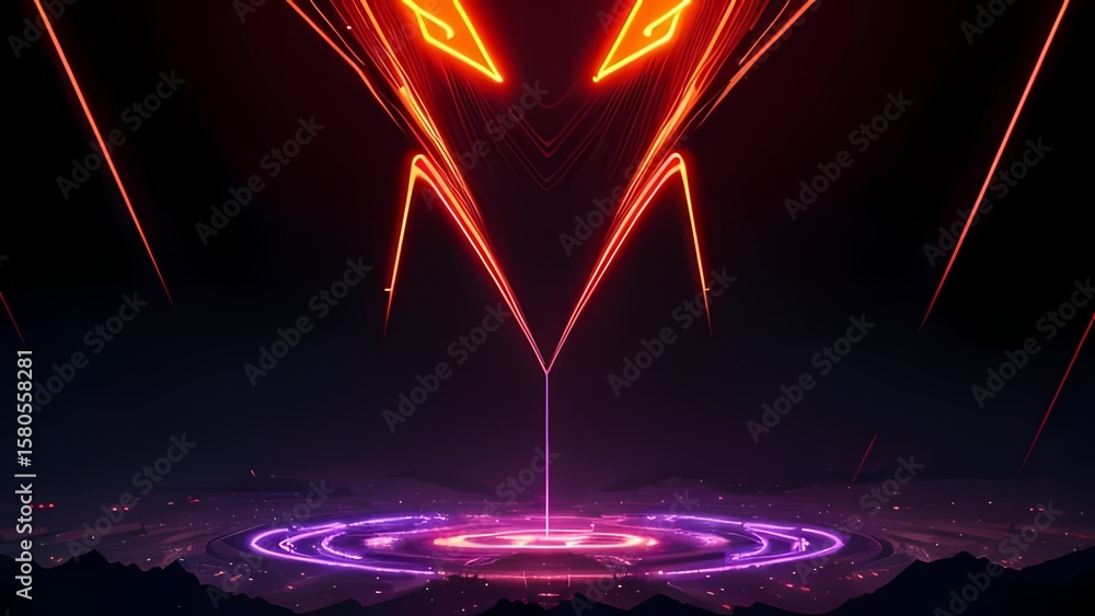 Poster abstract glowing lines converging on a circular platform in a dark futuristic landscape