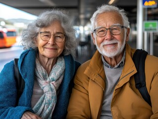 Happy senior couple waiting at transportation hub outdoors