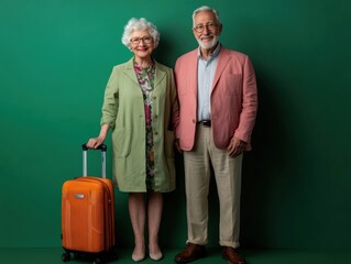 Senior couple smiling with orange suitcase in studio