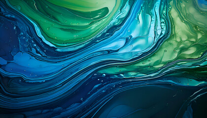 Abstract swirling patterns in blue and green hues with a glossy texture.