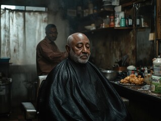 Elderly African American man in barbershop with pastries