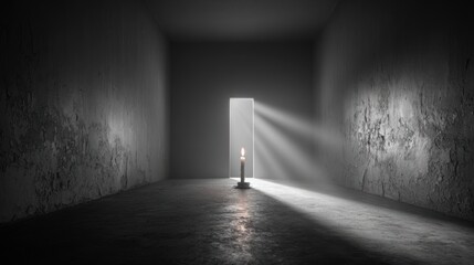 Empty room, candle, light rays