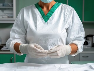 Female medical professional in surgical gown in examination room