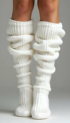 Legs in Cozy White Knitted Leg Warmers Closeup