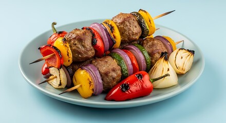Grilled meat skewers colorful vegetable display
