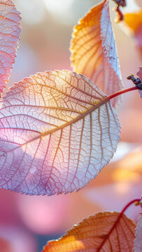 Close-up of translucent leaves showcasing intricate vein patterns and soft colors.