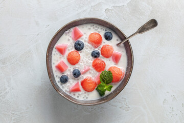 Trendy korean drink. Hwachae with watermelon and milk. Cold summer food. Top view