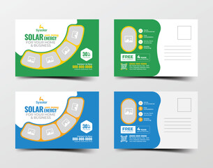 Creative solar panel sale postcard template with photo placeholder – green and blue color version