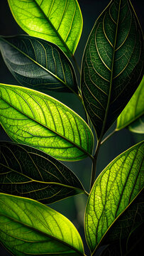 Close-up of vibrant green leaves showcasing intricate textures and patterns.