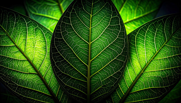 Close-up of vibrant green leaves showcasing intricate vein patterns.