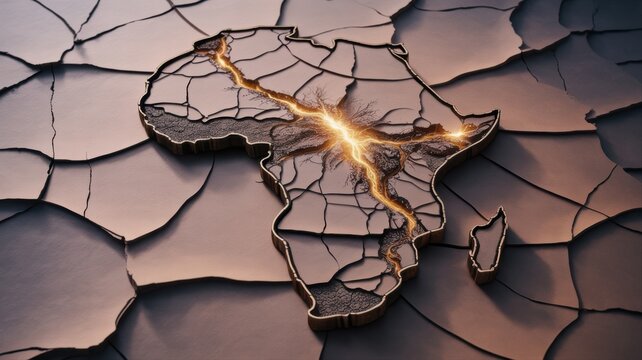 A cracked map of Africa with glowing fissures symbolizing division and conflict