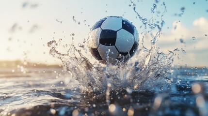 Dynamic splash: Soccer ball impact creating a water explosion on the sea