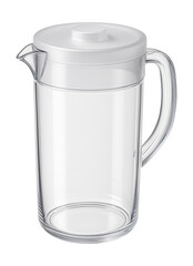 Plastic pitcher with a lid and spout for serving iced beverages at a backyard barbecue.