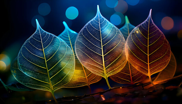 Colorful, translucent leaves arranged artistically with a vibrant bokeh background.