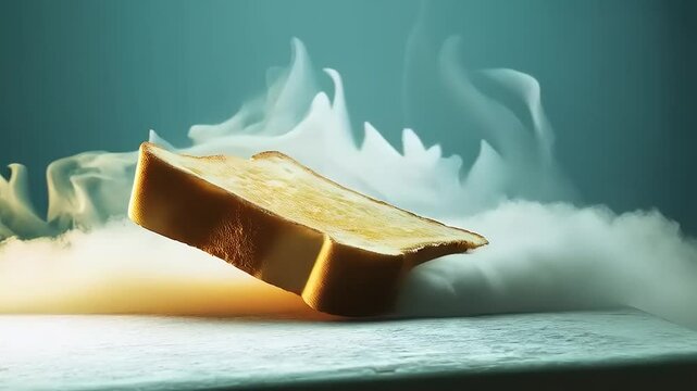 Toasted slice of bread emerging from a cloud of steam, creating a whimsical kitchen scene