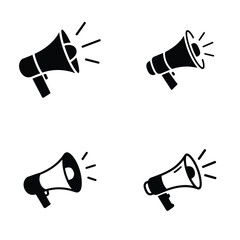 Four Black Silhouette Megaphone Icons Set on White Background Simple Announcement Sound Symbols Collection Vector Illustration Pack 19