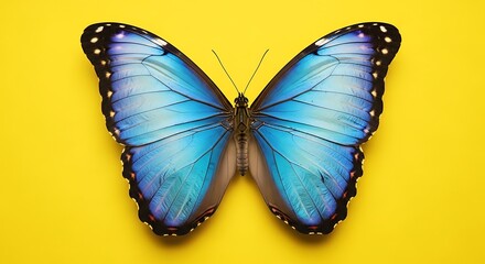 Vibrant blue butterfly against yellow backdrop