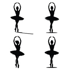 Fototapeta premium Four Black Silhouettes of Ballerinas in Tutus Performing En Pointe Poses on White Background Elegant Dance Art Set Pack 65
