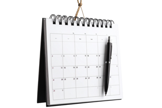 Minimal Wall Calendar with Pen Hanging Beside, Isolated on Transparent Background