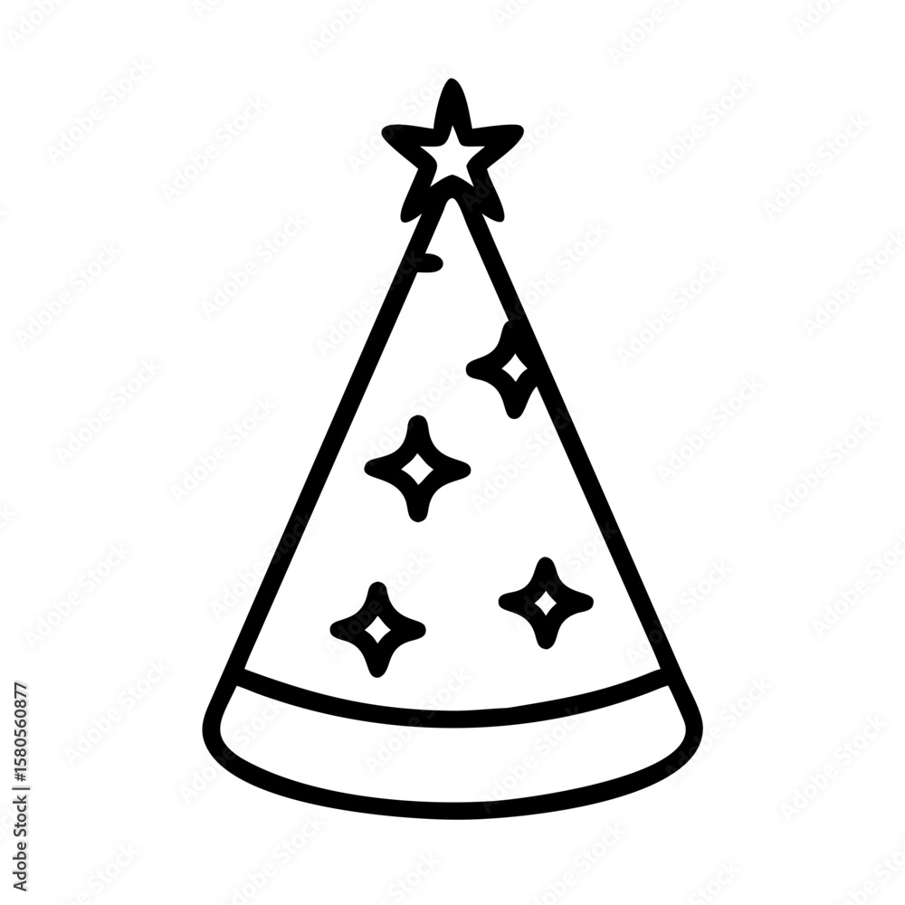 Poster party hat with stars and sparkles in simple line art style