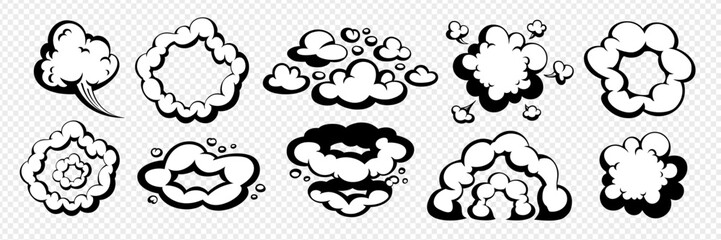 Comic cloud and smoke explosion effects set in black outline isolated on transparent background. Cartoon vector elements. Great for motion design, comics, and games