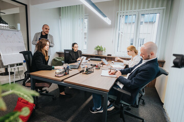 Five business colleagues collaborate in a professional office environment, focused on discussions, ideas, and productivity during a meeting.