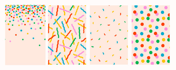 Confetti seamless pattern set with colorful wavy stripes, curved shapes, and polka dots on light background. Vector Confetti patterns. For fabric, packaging, party design.