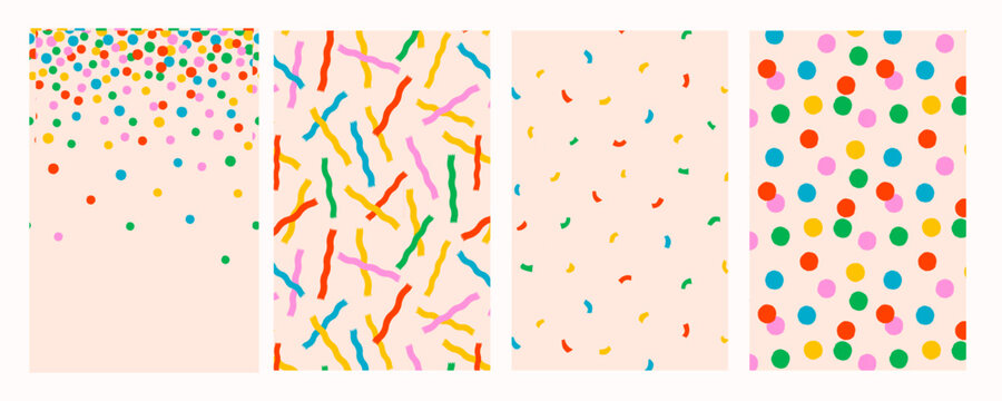 Confetti seamless pattern set with colorful wavy stripes, curved shapes, and polka dots on light background. Vector Confetti patterns. For fabric, packaging, party design.