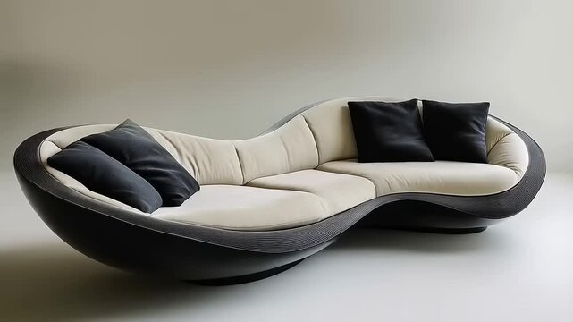 Modern wave-shaped sofa with black cushions in a minimalist interior setting