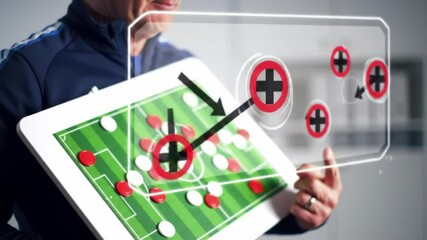 Professional Soccer Coach Analyzing Football Strategy and Tactics on Digital Tablet with Interactive Formation Display for Sports Training - Powered by Adobe