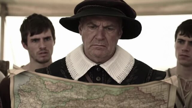 Historical 17th Century European Explorer Examines Ancient Navigation Map with Concerned Crew Members During Maritime Expedition